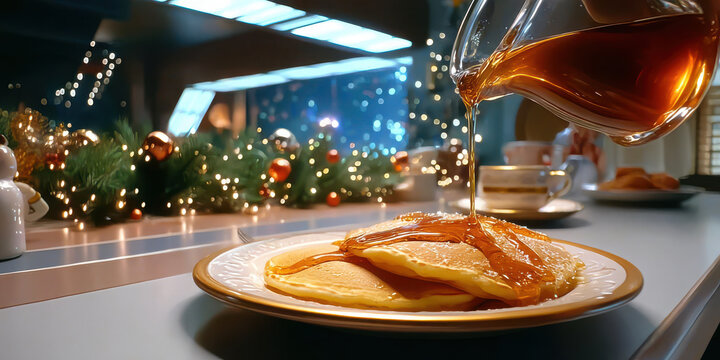 Stack of pancake syrup pancakes breakfast breakfast pancake syrup pouring stack breakfast plate close up restaurant festive - Powered by Adobe