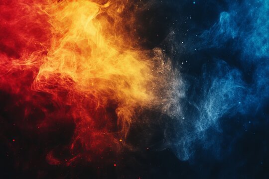 Vibrant explosion of red yellow and blue powder against a dark background