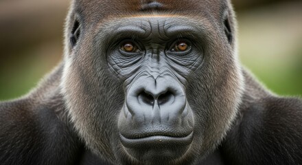 Obraz premium Gorilla portrait highlighting strong features, expressive eyes, and natural fur texture in a wild or forest environment.