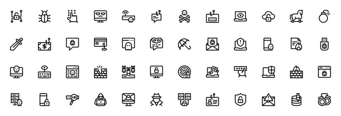 Cybercrimes vector icon set. Cybersecurity linear icns pack. Includes symbols or hacking, malware, phishng, virus, firewall, ransoware, spyware, protection nd more.