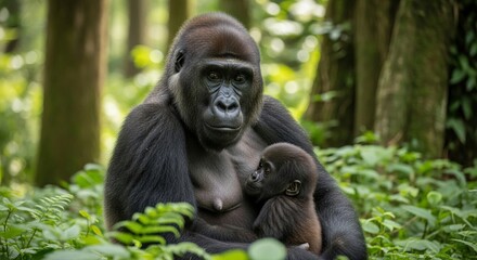 Obraz premium Gorilla portrait highlighting strong features, expressive eyes, and natural fur texture in a wild or forest environment.