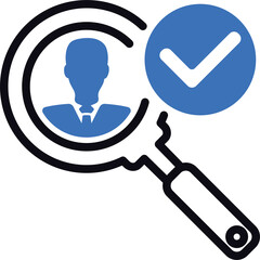 Magnifying glass examining silhouette of person in suit with blue checkmark overlay on transparent background representing recruitment or verification concept