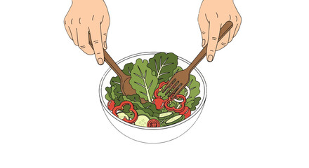 Fresh Salad Being Stirred In a Bowl with Utensils Food Illustration