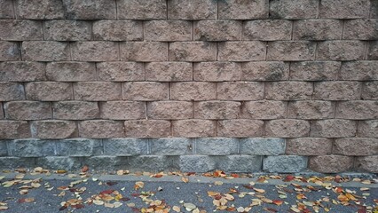 autumn leaves scattered on pavement in front of textured stone block wall