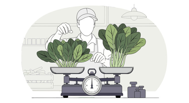 Fresh Spinach Weighing By a Grocer in a Market for Healthy Nutrition and Sales