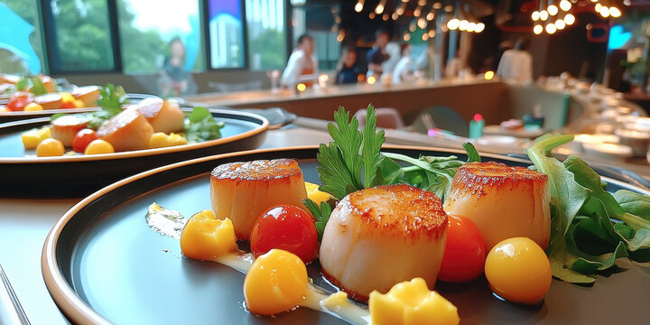 Seared scallop cherry tomato microgreens plated on black ceramic with mango puree and garnish