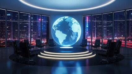 Global Leadership Meeting: Futuristic Conference Room with a Holographic Rotating Earth and City Skyline at Night, Corporate Decisions - Powered by Adobe
