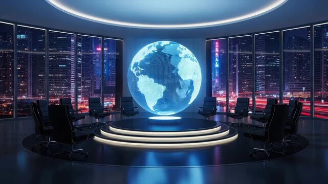 Global Leadership Meeting: Futuristic Conference Room with a Holographic Rotating Earth and City Skyline at Night, Corporate Decisions - Powered by Adobe