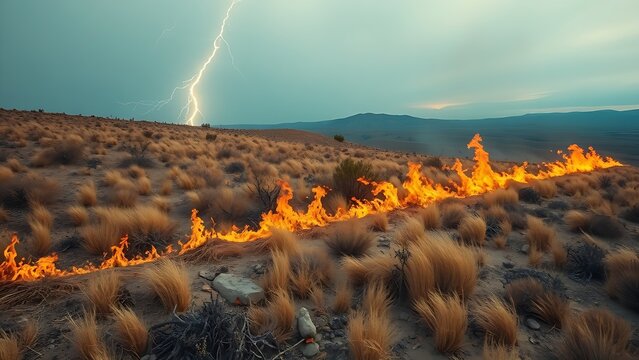 incident. Dry grassland ignited by a lightning strike, with flames spreading rapidly. ESG reports, sustainability campaigns, designed for sustainability communications and ESG reporting.