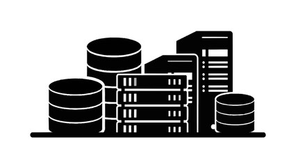 Vector illustration&nbsp;of black and white icon representing database server rack and data storage cylinder stack isolated on transparent background