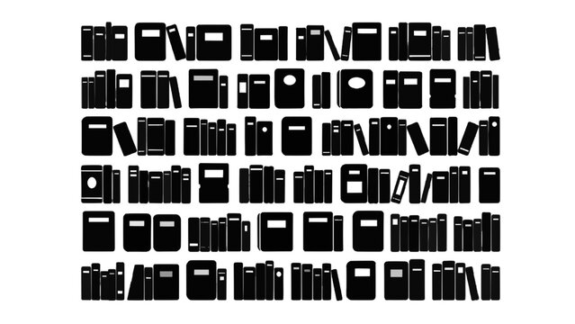 Vector illustration of silhouette of many different book shapes and sizes arranged neatly on a shelf, isolated on transparent background 