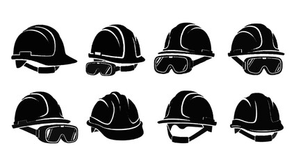Vector illustration of set of eight black silhouette icons representing various safety hard hat designs with optional safety goggle combinations isolated on transparent background