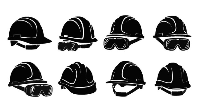 Vector illustration&nbsp;of set of eight black silhouette icons representing various safety hard hat designs with optional safety goggle combinations isolated on transparent background 
