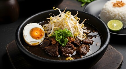 A Close-Up Shot of a Hearty Bowl of Beef Soup with Bean Sprouts, Sliced Egg, and a Side of Steamed Rice