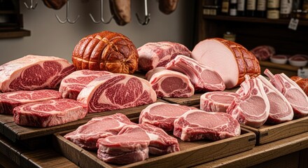 Assorted cuts of fresh meat displayed on wooden trays