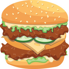 Stylized Double Cheeseburger With Sesame Seed Bun Lettuce Tomato and Cheese on Transparent Background