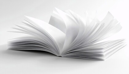 An open book with blank white pages, some of which are caught in a gentle breeze, set against a stark white background.