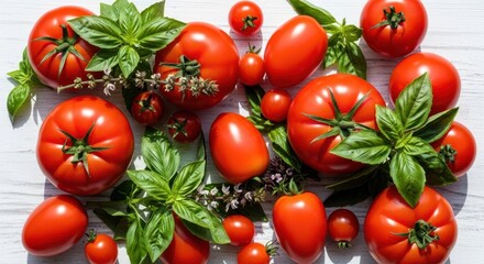 Assorted tomatoes and basil on white wood