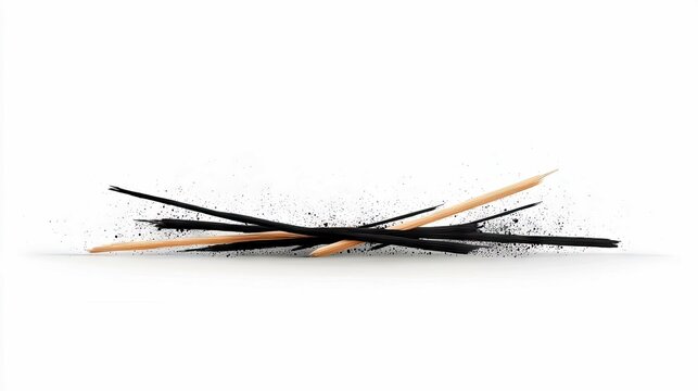 A collection of charcoal sticks and wooden skewers are scattered across a white surface, with black powder dispersed among them.