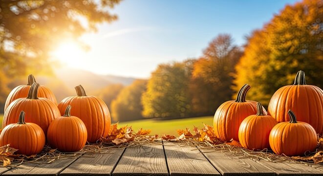 Autumn pumpkins on a rustic wooden table with fall foliage and a sunny background