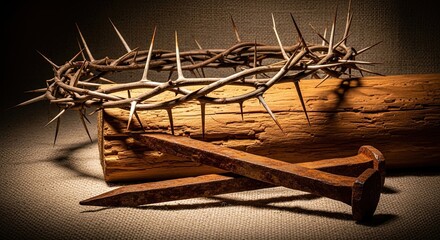 Crown of thorns, nails, and wooden beam, symbols of the crucifixion of Jesus