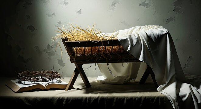 Nativity scene with empty manger, open bible, and crown of thorns