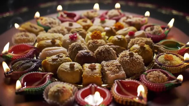 Indian sweets on a plate with lights.