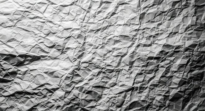 Textured crumpled paper background in black and white with shadows and highlights