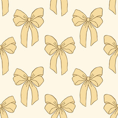 Seamless pattern with hand drawn yellow bows on a soft pastel background. Delicate, feminine, and whimsical design perfect for stationery, packaging, fabrics, wallpapers, and digital projects.