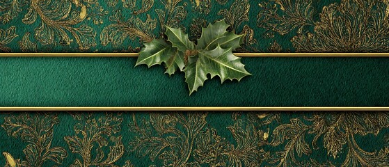 Emerald green background, gold ornamental Christmas patterns, holly leaves accent, vintage festive elegance, center ribbon area for greeting text