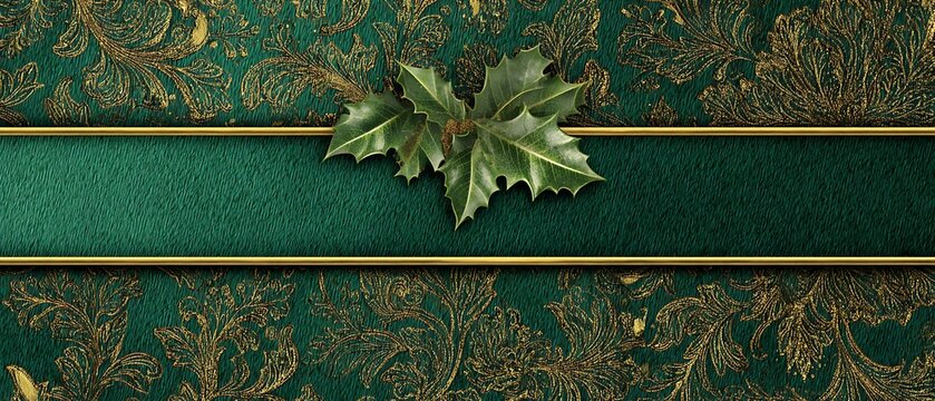 Emerald green background, gold ornamental Christmas patterns, holly leaves accent, vintage festive elegance, center ribbon area for greeting text - Powered by Adobe