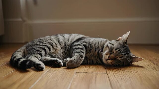 Lazy Day - A Tabby Cats Afternoon Nap on Wooden Floor.