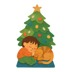 Fototapeta premium PNG Child cuddling cat Christmas tree