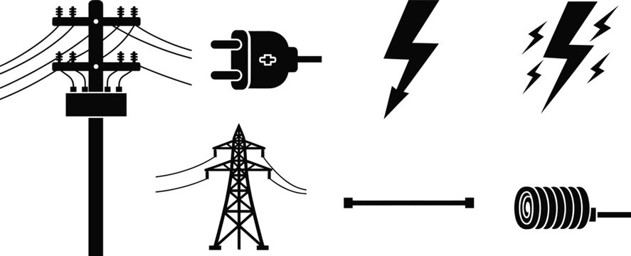Electric power pole, plug connector, high voltage tower, lightning bolt icons, straight cable line and coiled electric wire black silhouette vector set