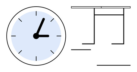 Analog clock with blue dial and minimalist desk structure. Ideal for time management, productivity, workplace, scheduling, deadlines, planning, organization concepts. Modern flat minimal metaphor