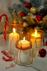 DIY lanterns. Burning candles in glass jars and Christmas decor on window sill indoors, closeup