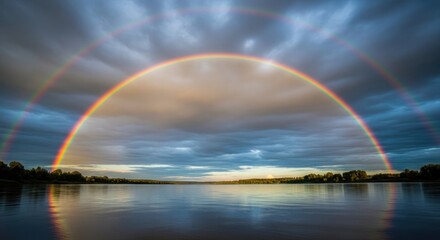 Double rainbow over a calm river landscape