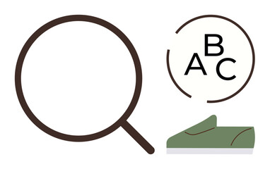 Magnifying glass, letters A, B, C in a circle, and an open book symbolize learning, exploration, communication, reading analysis research literacy and knowledge sharing. Ideal for libraries