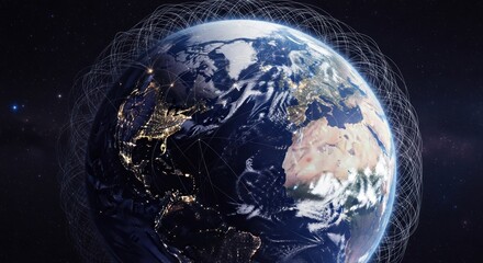 Earth globe, network of lines, dark space