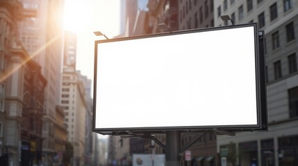 Blank billboard mock up in urban setting with sunlight illuminating street, providing ample copy space for advertising and promotional content