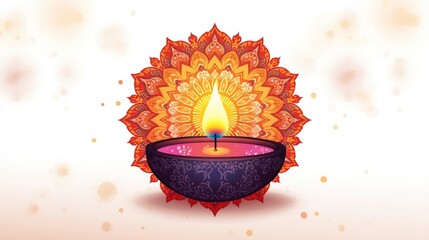 Colorful oil lamp with glowing flame surrounded by intricate mandala design, symbolizing Diwali celebration and the Festival of Lights