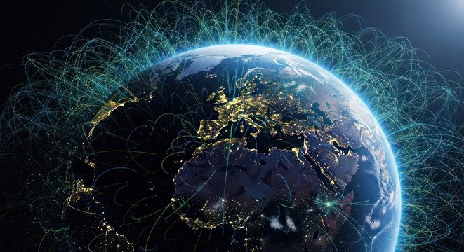 Earth at night, network of lines radiating outwards