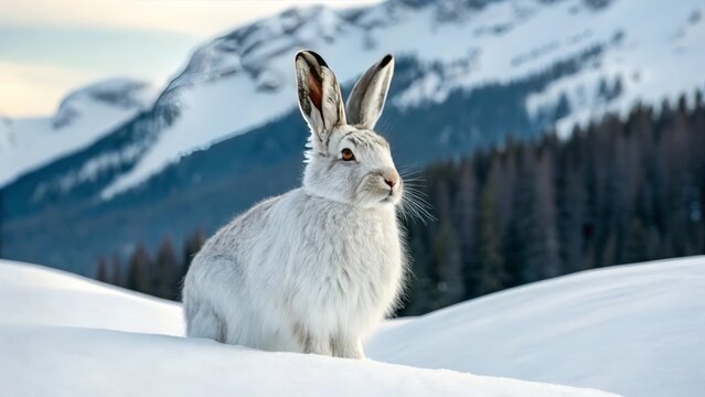 A white Mountain Hare standing in winter snow