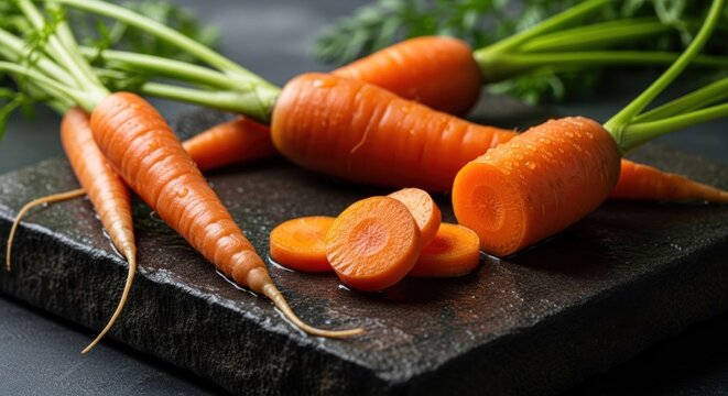 Fresh carrots on a dark stone board, some sliced - Powered by Adobe