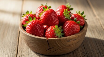 Fresh strawberries in a wooden bowl on a rustic table