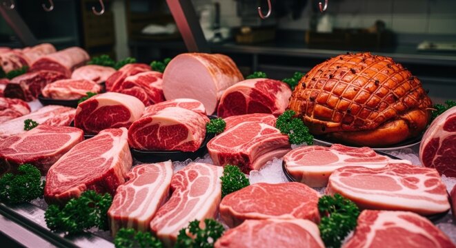 Freshly cut meats displayed on a refrigerated counter