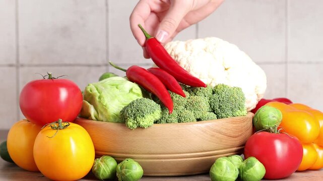 Woman putting chili pepper onto pile of different vegetables at wooden table, closeup