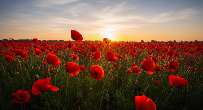 World War remembrance day. Red poppies in the field. Background imagery for remembrance or armistice day.