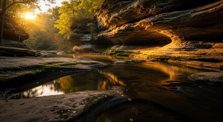 Golden sunlight streams through a rock arch over a tranquil stream, reflecting autumn colors
