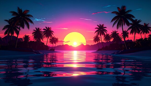 Retro beach scene with palm trees silhouetted against a vibrant sunset sky and calm water